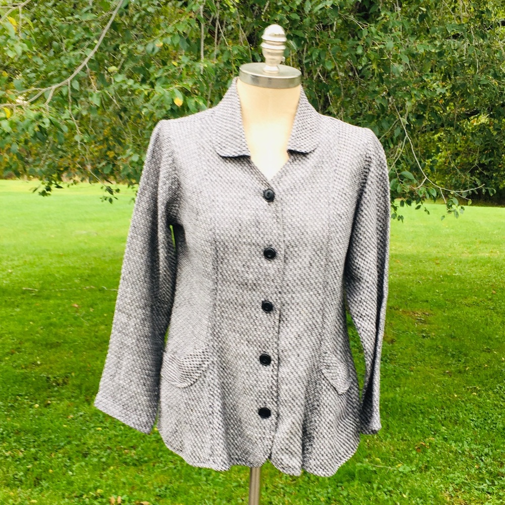 FLAX Soft Black White Button Down Classic Blazer Fitted Jacket Pockets LINEN